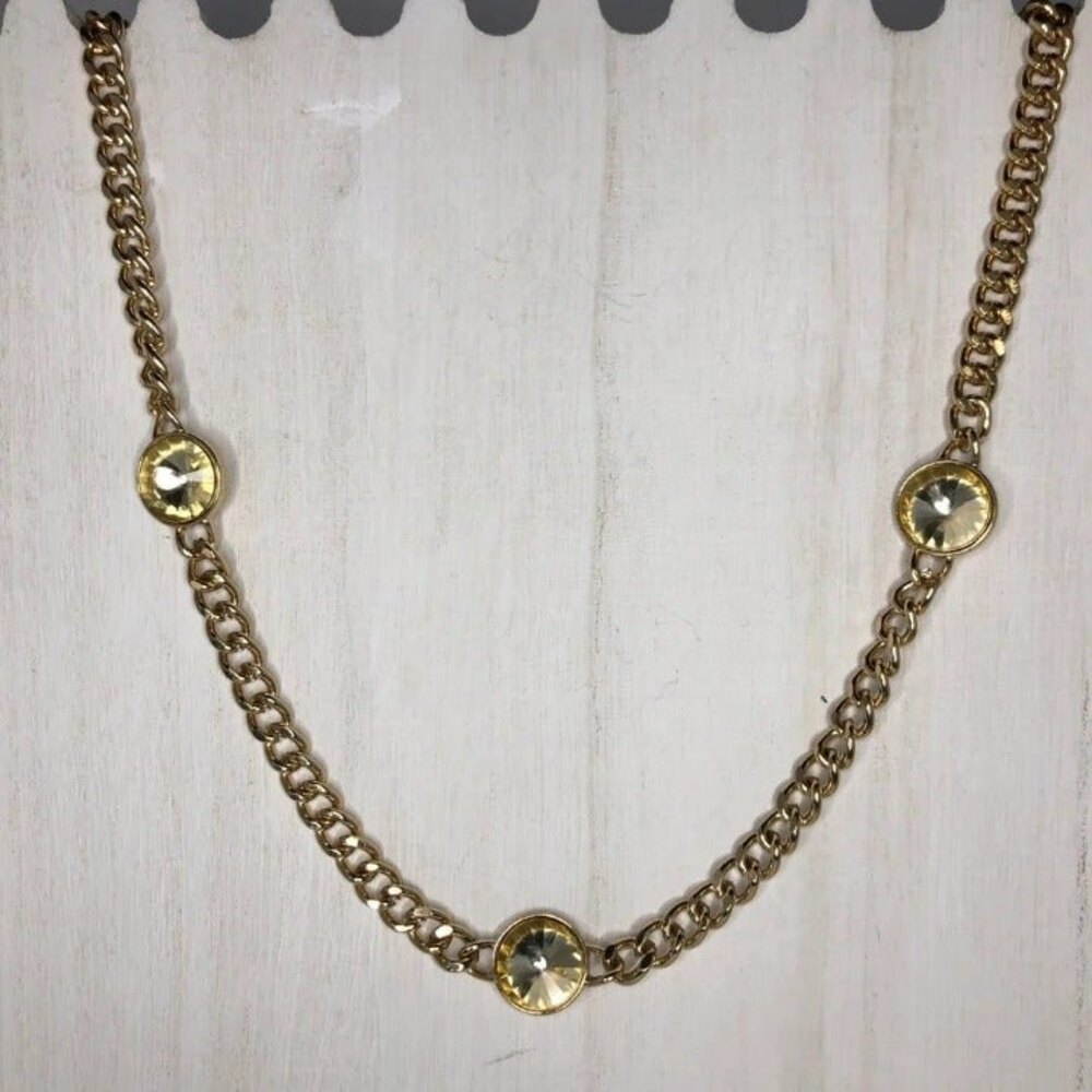 Chunky Chain Necklace with Round Rhinestone Accents Gold Tone